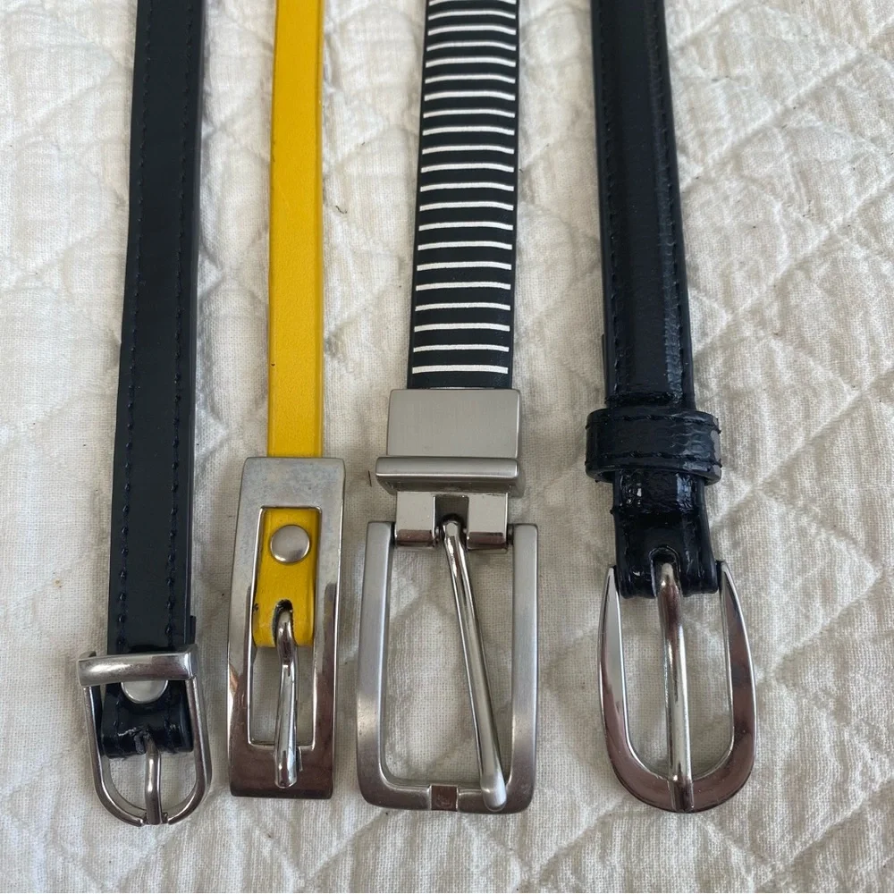 Bundle of 4 Classic Skinny Belts black, striped, yellow silver-tone buckle 30”